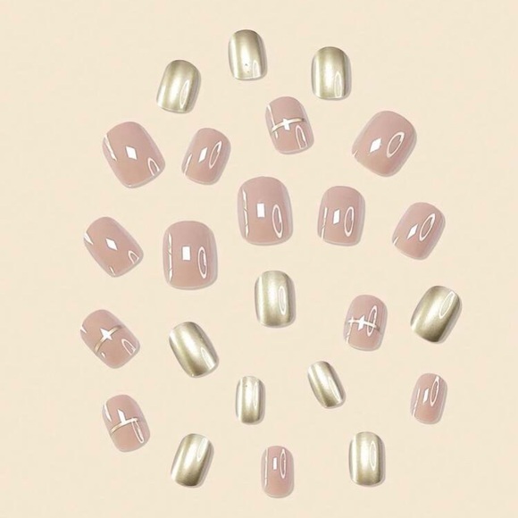 Gold and Nude Press on Nails And Mirror Powder, Short Round Shape Nail File Glue - Picture 4 of 7